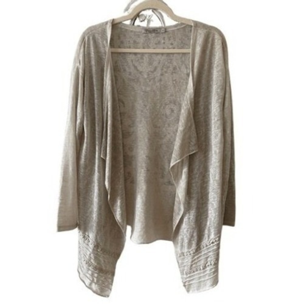 B4 Elena Baldi Open Front Cardigan Beige Excellent Lagenlook Lace Trim